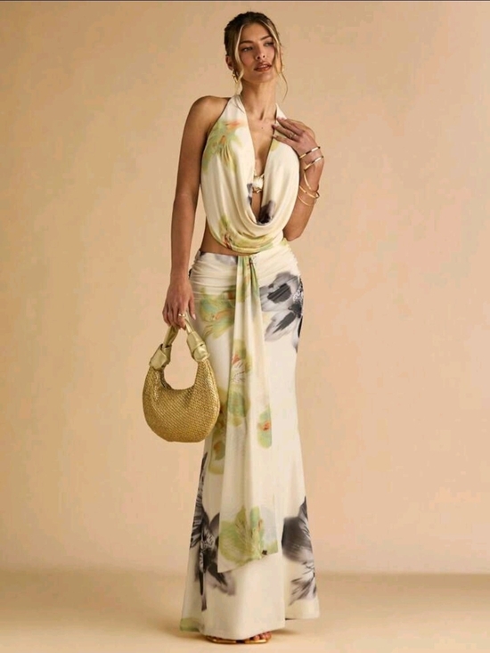 SHEIN Dresses & Skirts - BAE Two-Piece Set Flower Print Shell Metal Decor Halte Top & Pleated Long Skirts